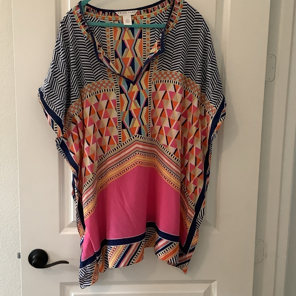 Trina Turk Pink and Blue Geometric Caftan Swim Suit Cover